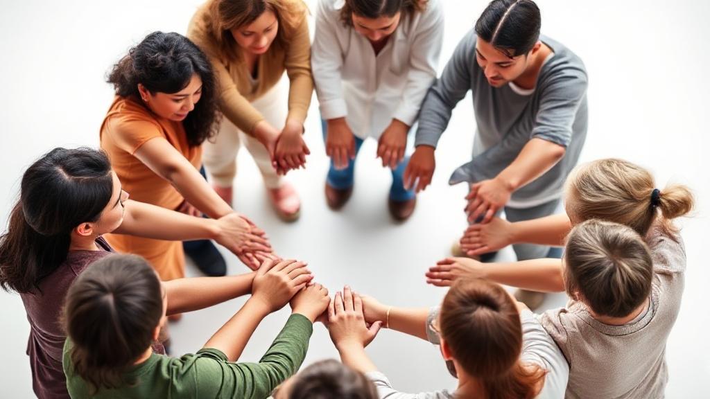 A diverse group of people joining hands in a circle, symbolizing unity and support.