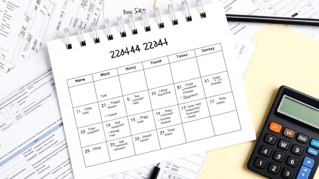 A calendar marked with important tax filing deadlines for 2024, surrounded by financial documents and a calculator.