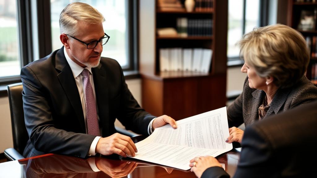 A professional lawyer reviewing estate planning documents with a client in a well-lit office setting.