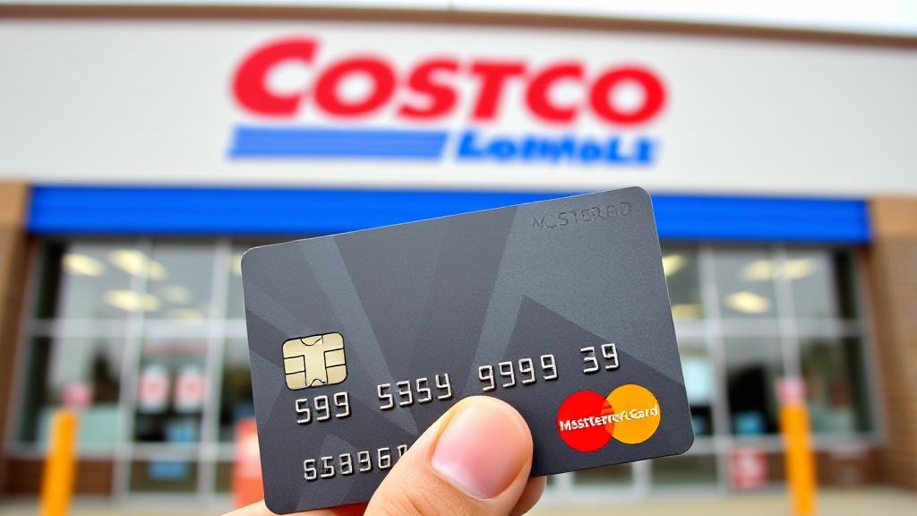 A close-up image of a Mastercard being held in front of a Costco storefront.