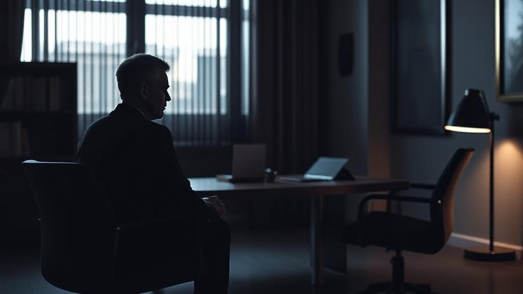 A contemplative client sitting across from a lawyer in a dimly lit office, symbolizing the critical decision of whether to continue or terminate legal representation.