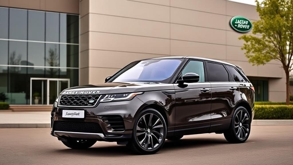 A sleek Range Rover vehicle parked in front of a modern Jaguar Land Rover headquarters building.