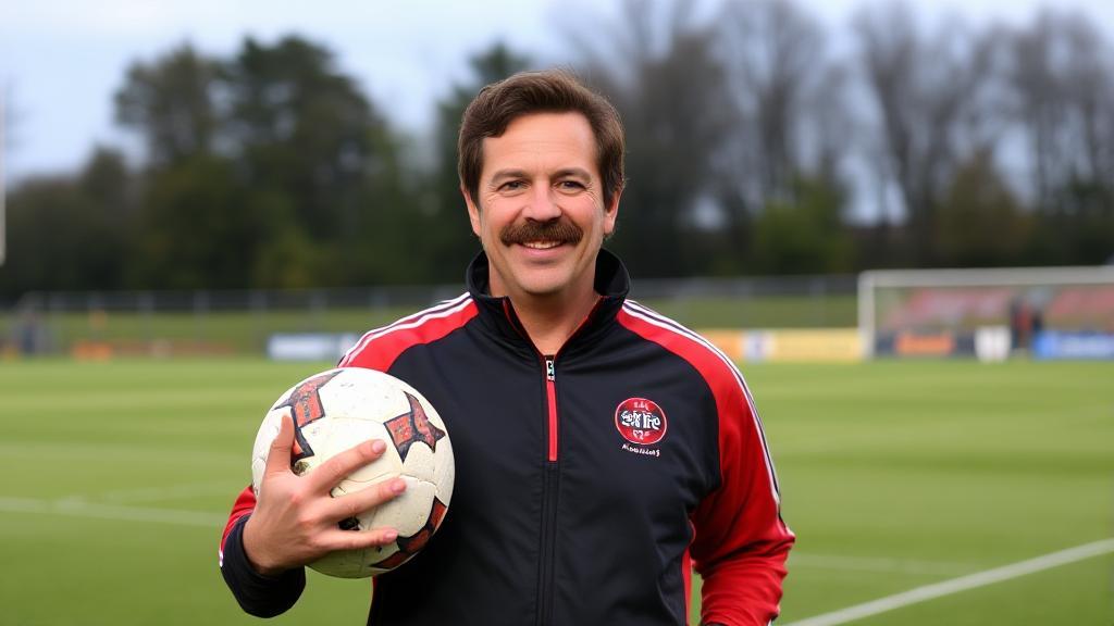 A cheerful Ted Lasso, sporting his signature mustache and AFC Richmond tracksuit, stands on a soccer field with a football in hand, exuding warmth and optimism.