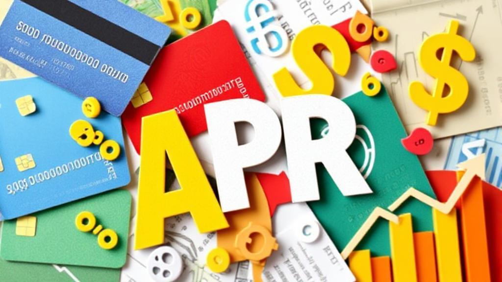 A dynamic collage of credit cards, interest rate symbols, and financial graphs illustrating the concept of APR.