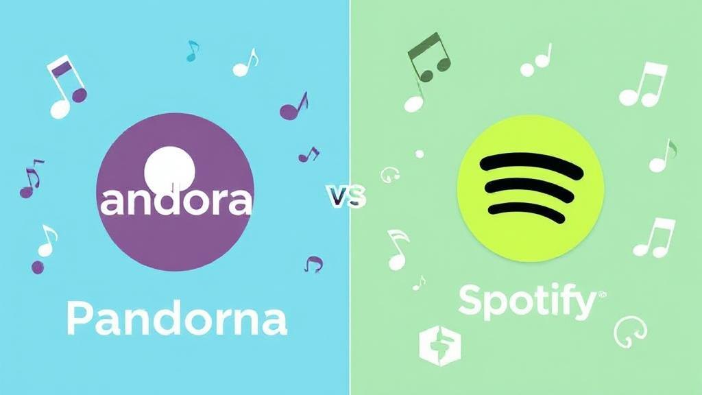 A split-screen image featuring the logos of Pandora and Spotify, each surrounded by musical notes and icons representing their unique features.