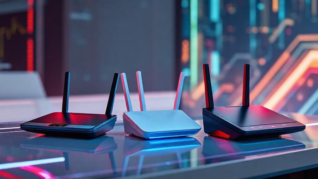 A sleek lineup of modern wireless routers on a futuristic desk, glowing with vibrant LED lights against a tech-inspired background.