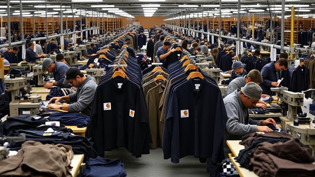 A factory floor bustling with workers assembling Carhartt clothing, showcasing the manufacturing process.