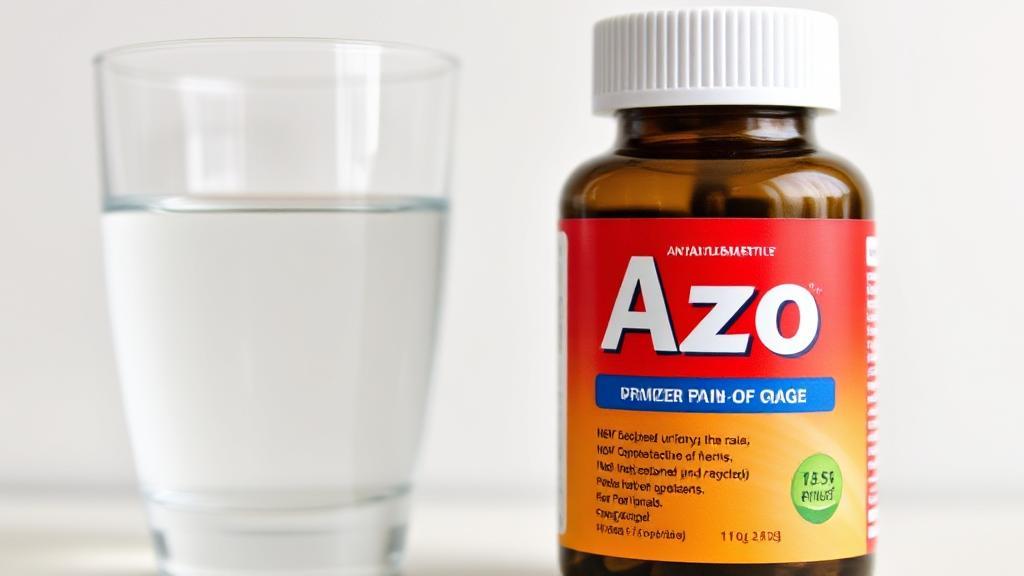 A close-up image of a bottle of Azo urinary pain relief pills next to a glass of water, set against a neutral background.