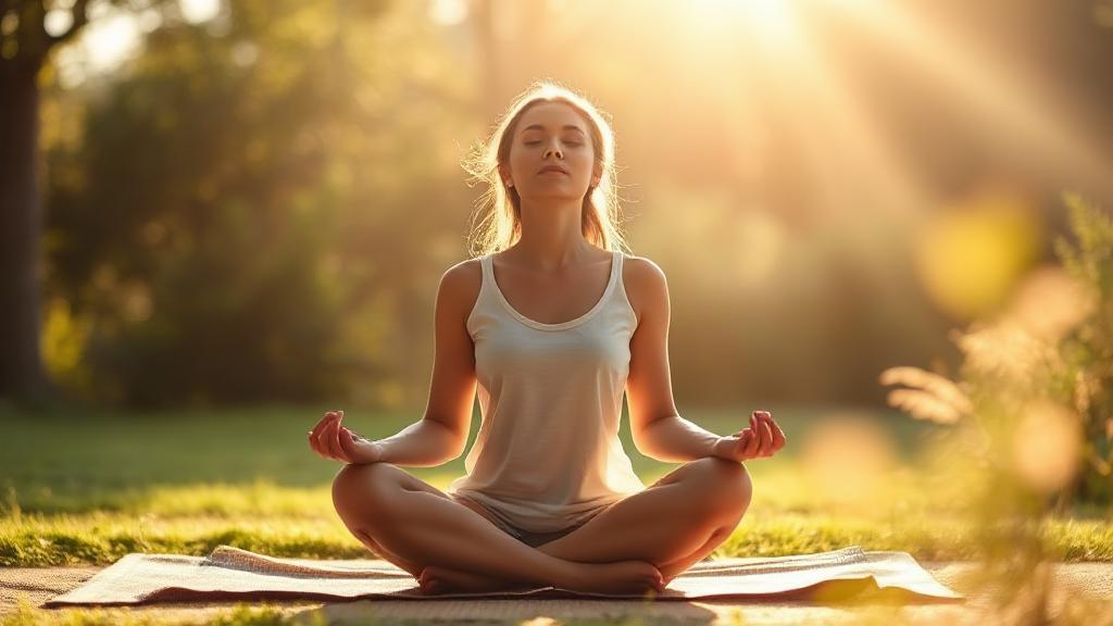 A serene, sunlit scene of a person sitting cross-legged on a mat, eyes closed in peaceful meditation, surrounded by soft natural elements.