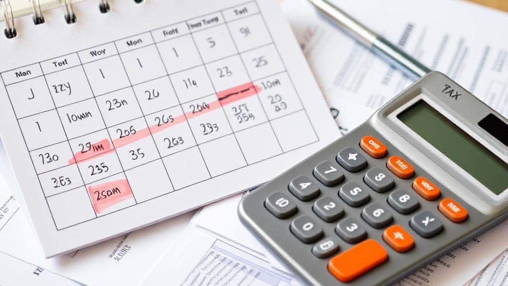 A calendar marked with key tax deadlines and a calculator resting on a stack of tax documents.
