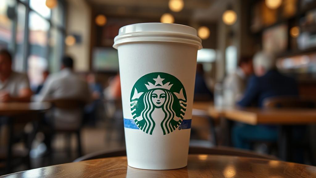 A Starbucks cup adorned with the Israeli flag, set against a backdrop of a bustling café.