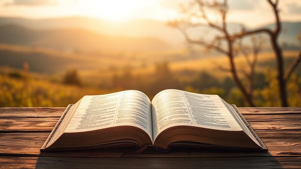 A serene landscape with an open Bible resting on a wooden table, bathed in soft, golden light, symbolizing the timeless wisdom and historical depth of the scriptures.