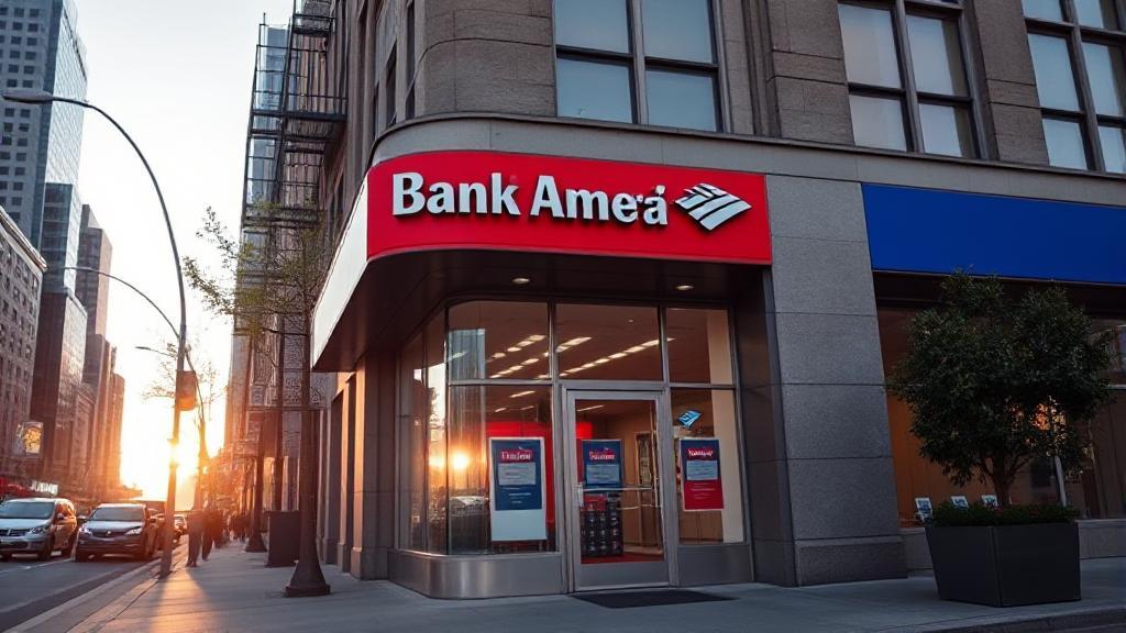 A bustling city street with a Bank of America branch, its doors just opening as the morning sun rises.