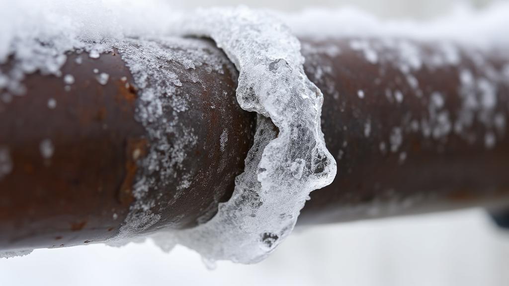 A close-up image of a frozen pipe with ice crystals forming around a crack, illustrating the effects of extreme cold on plumbing.
