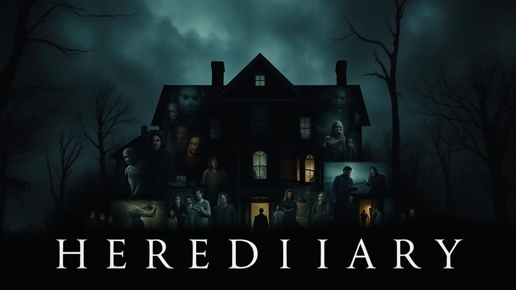 A dark, atmospheric collage featuring eerie scenes and characters from the movie "Hereditary," set against a backdrop of a haunted house silhouette.