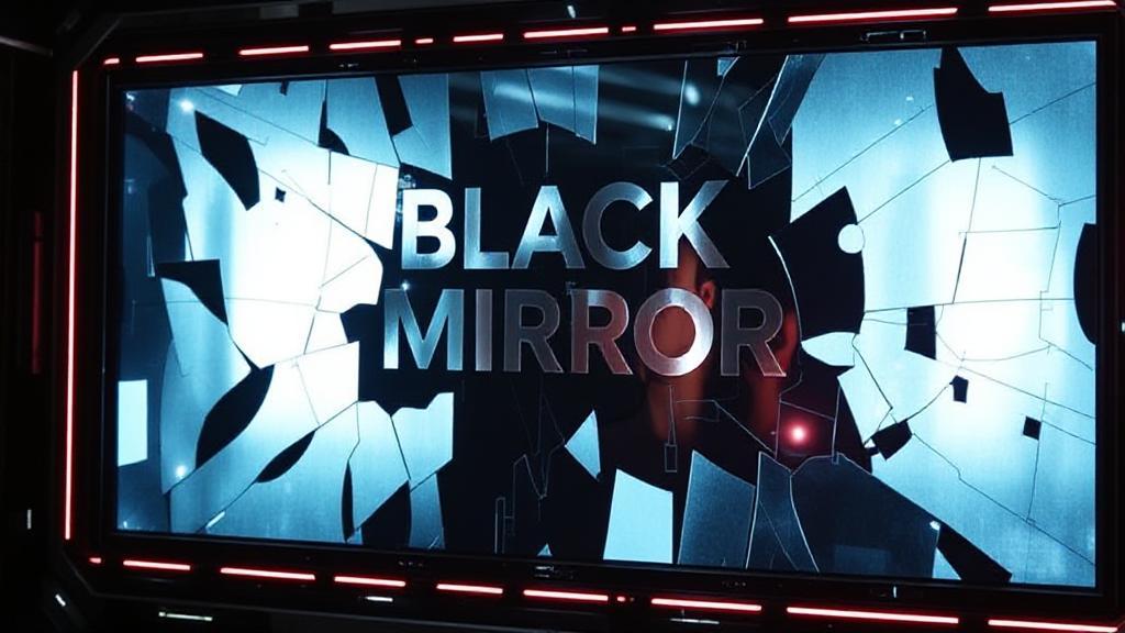 A futuristic digital screen displaying fragmented reflections, symbolizing the dystopian themes of "Black Mirror."