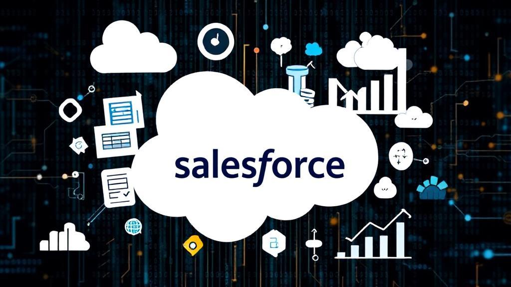 A dynamic collage of cloud icons, data graphs, and the Salesforce logo set against a digital network background.