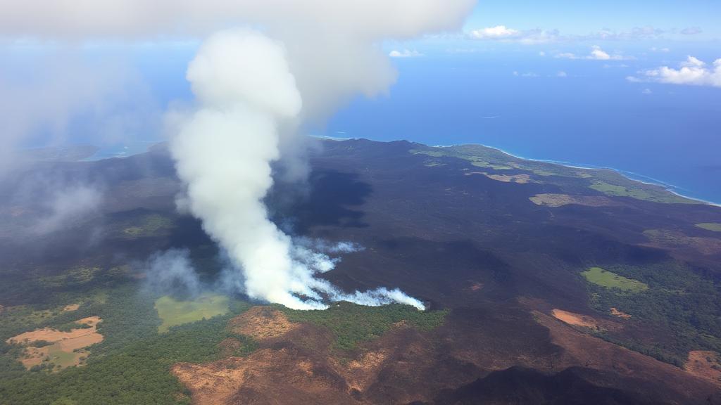 Aerial view of smoke rising from the charred landscape of Maui, with patches of green forest and ocean in the background.