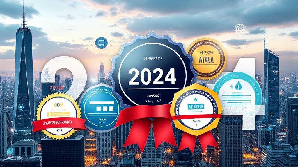 A dynamic collage of digital badges and certificates set against a futuristic cityscape, symbolizing the advancement and opportunities in the IT industry for 2024.