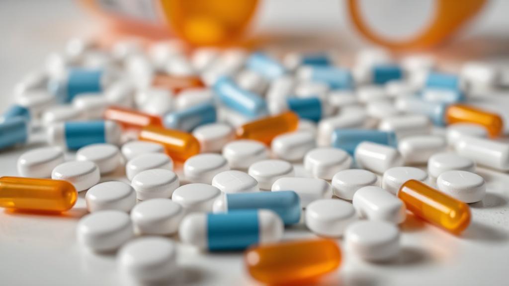 A close-up image of various prescription opioid pills and capsules scattered on a table, with a soft-focus background.