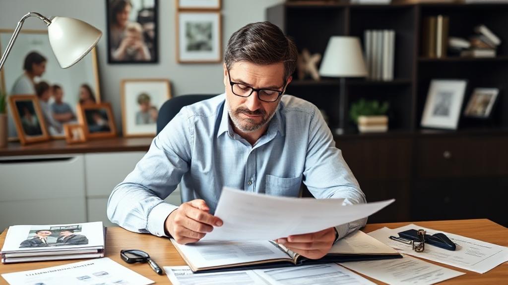 A thoughtful individual reviewing life insurance documents at a desk, surrounded by family photos and financial planning materials.