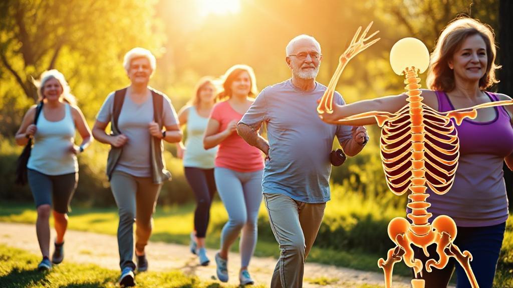 A vibrant image of diverse adults engaging in outdoor activities like walking and yoga, with a focus on strong, healthy bones and an uplifting, sunlit background.