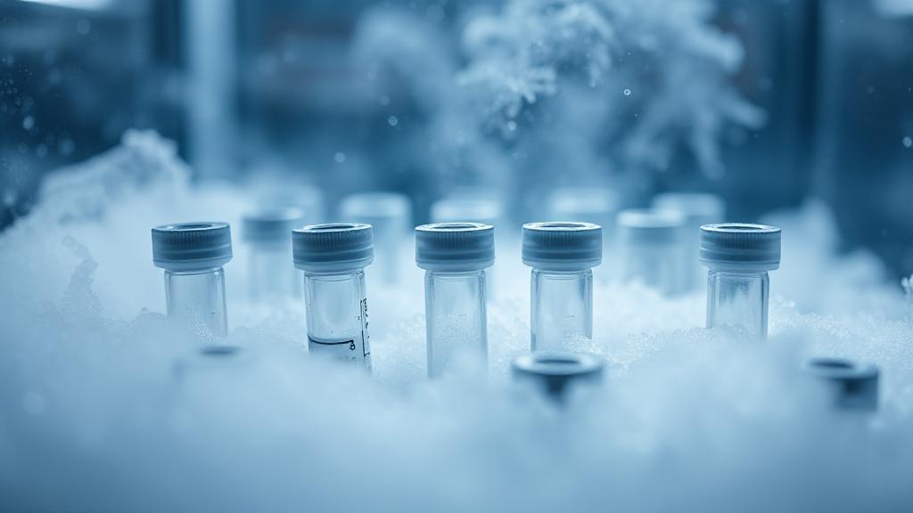 A close-up image of vials in a cryogenic storage tank, surrounded by a frosty mist, symbolizing the preservation process in sperm freezing.