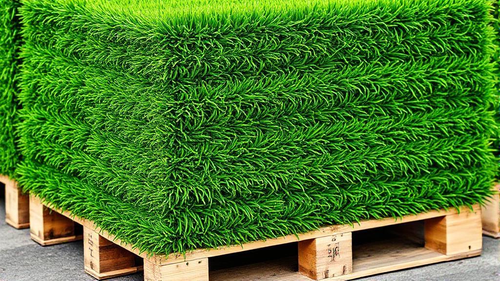 A lush, green pallet of sod stacked neatly on a wooden pallet, ready for transport or installation.
