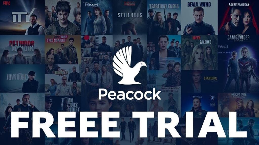 A vibrant collage of popular TV shows and movies available on Peacock, set against a backdrop of the Peacock logo, highlighting the allure of a free trial.