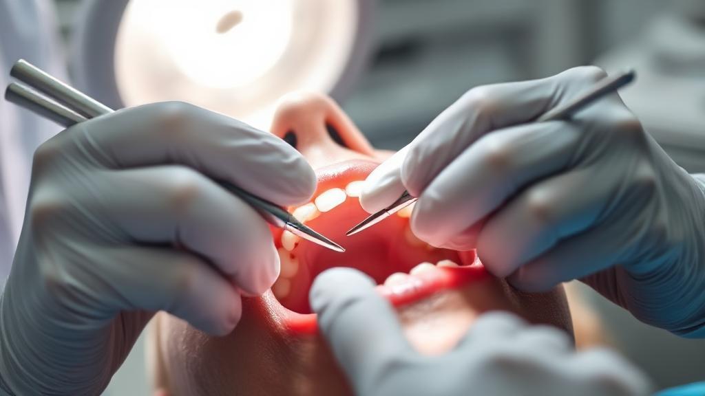 A close-up image of a dentist's gloved hands performing a root canal procedure on a patient, with dental instruments and a bright overhead light in view.