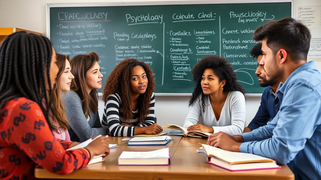 A diverse group of psychology students engaged in a lively classroom discussion, surrounded by textbooks and a chalkboard filled with psychological theories.