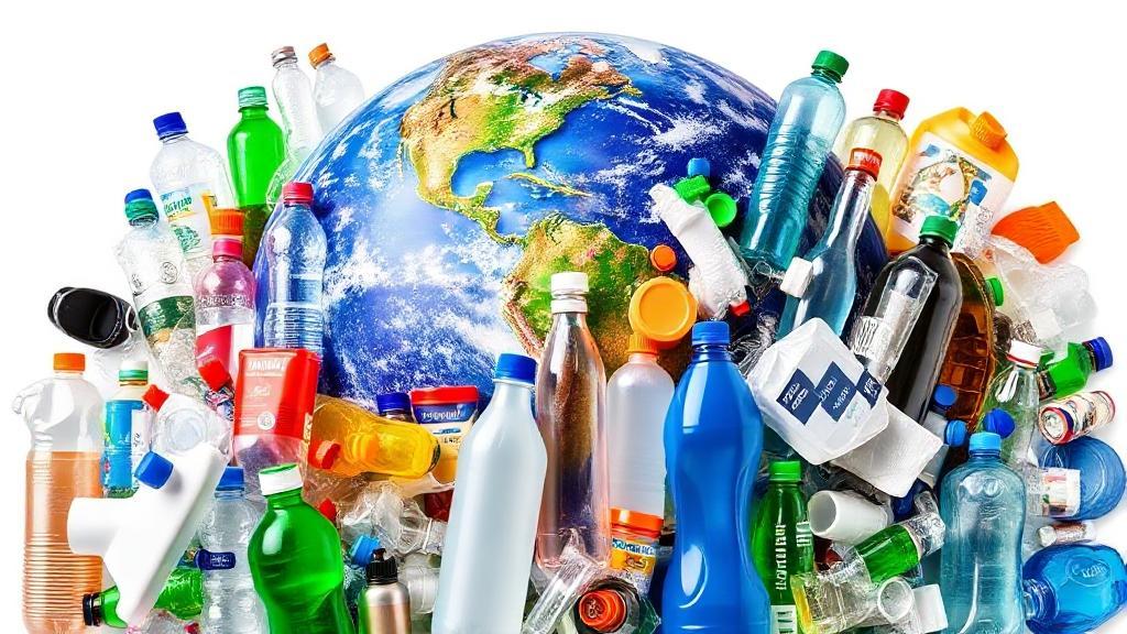 A collage of various plastic items, from bottles to packaging, set against a backdrop of a globe to symbolize global environmental impact.