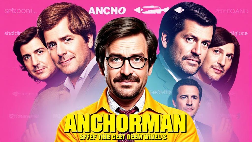 A vibrant collage featuring the iconic cast of "Anchorman: The Legend of Ron Burgundy" with streaming platform logos in the background.