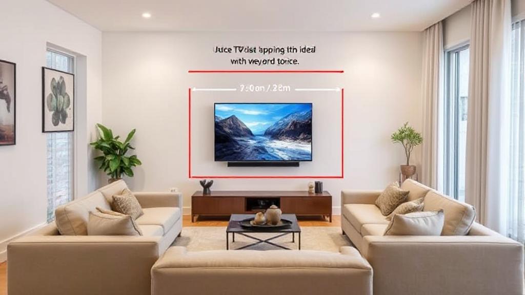 A living room with a wall-mounted TV, surrounded by a cozy seating arrangement, illustrating the ideal viewing distance and TV size for the space.