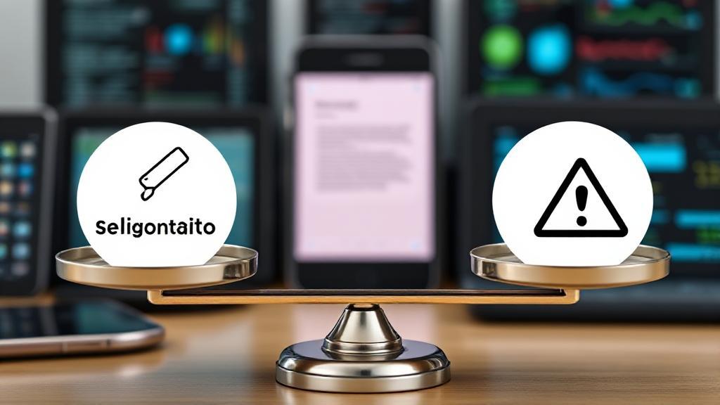 A balanced scale with subscription icons on one side and caution symbols on the other, set against a backdrop of digital devices.