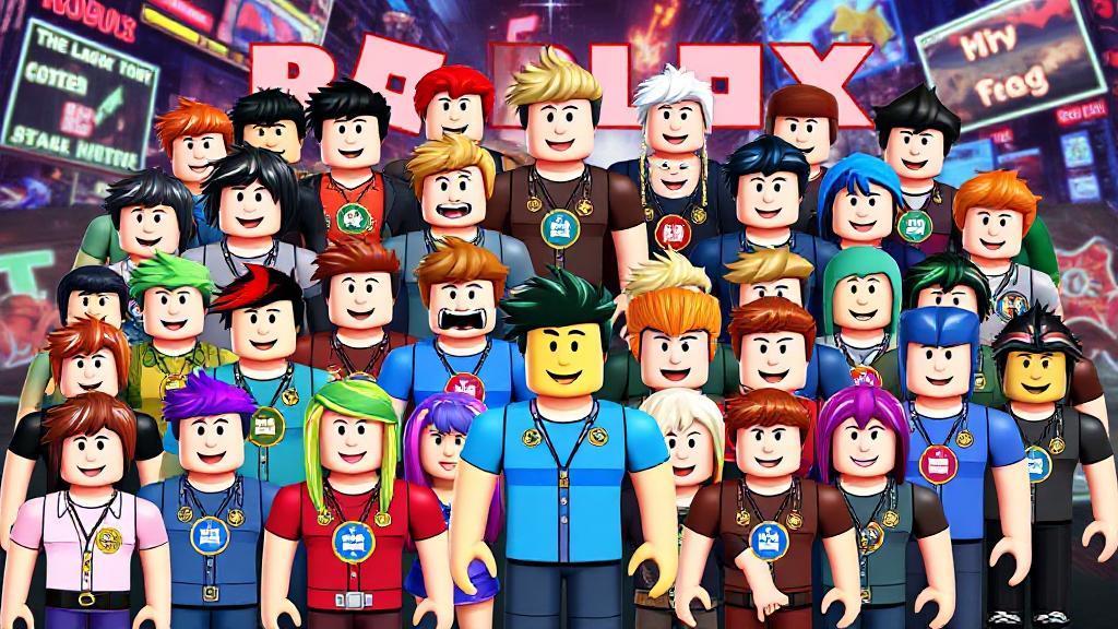 A vibrant collage of Roblox avatars proudly displaying various colorful badges against a dynamic gaming backdrop.