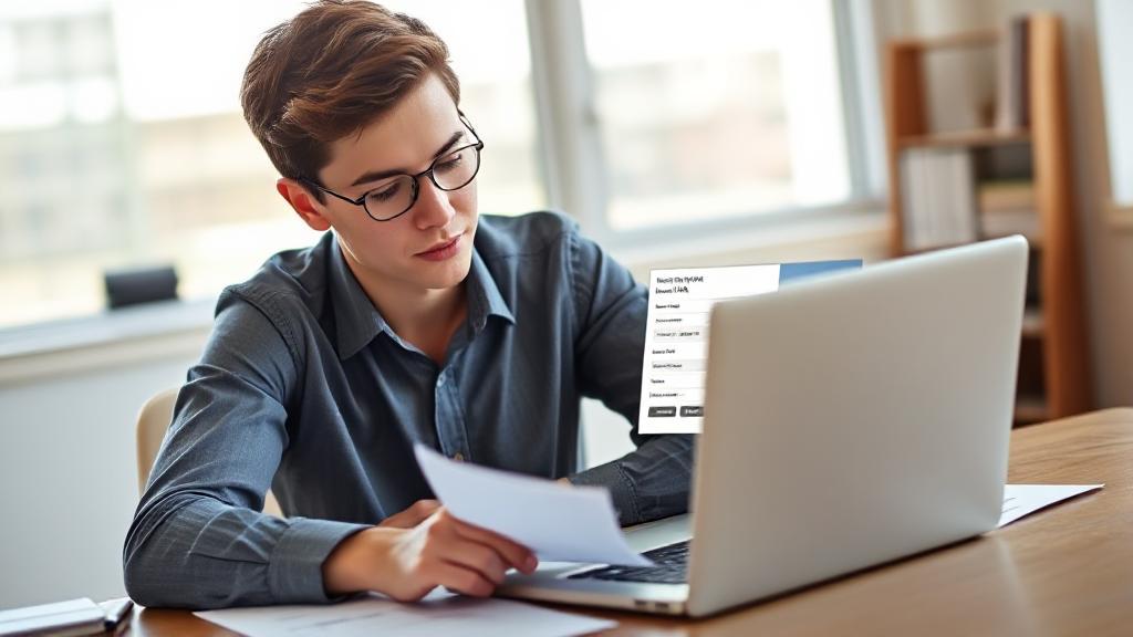 A serene image of a young professional reviewing financial documents at a desk, with a laptop displaying a Roth IRA setup page.