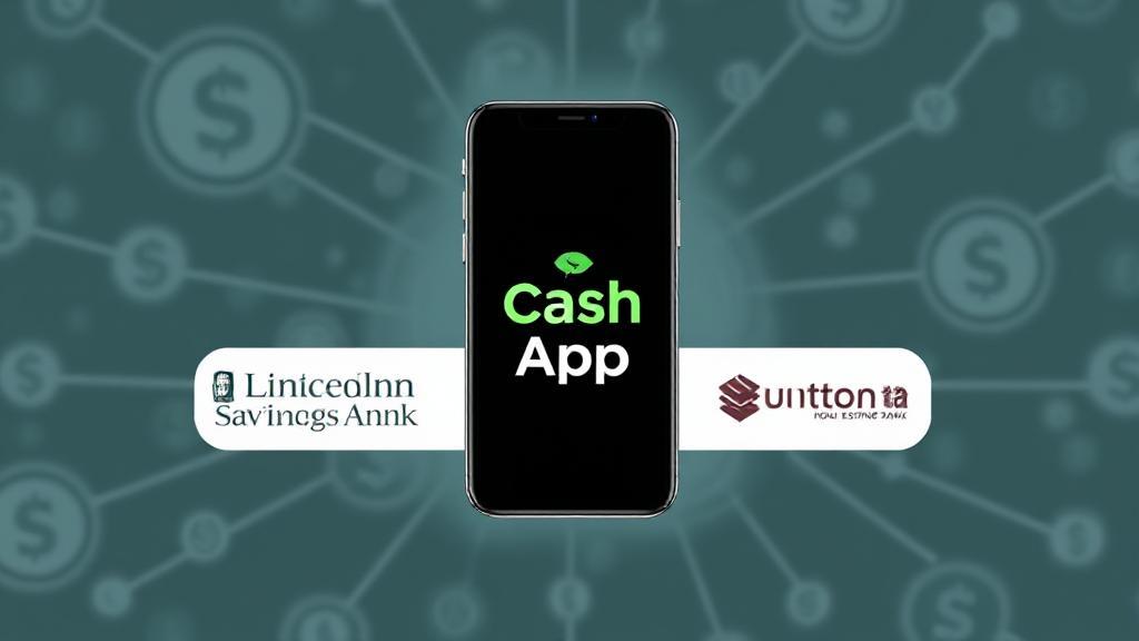 A sleek digital illustration of a smartphone displaying the Cash App logo, flanked by the logos of Lincoln Savings Bank and Sutton Bank, set against a backdrop of interconnected financial symbols.