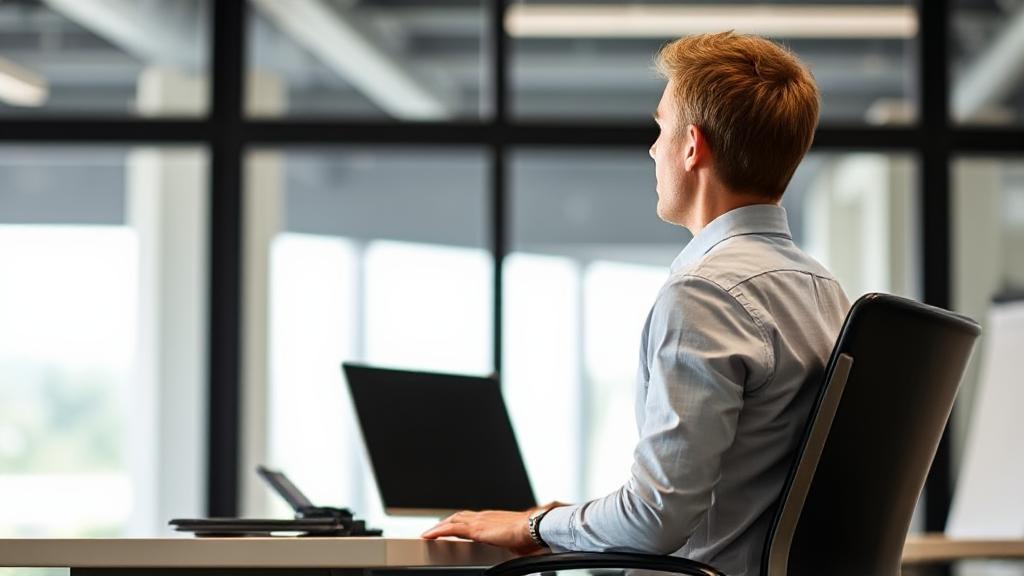 A person sitting upright at a desk, demonstrating good posture with a straight back and relaxed shoulders in a bright, modern workspace.