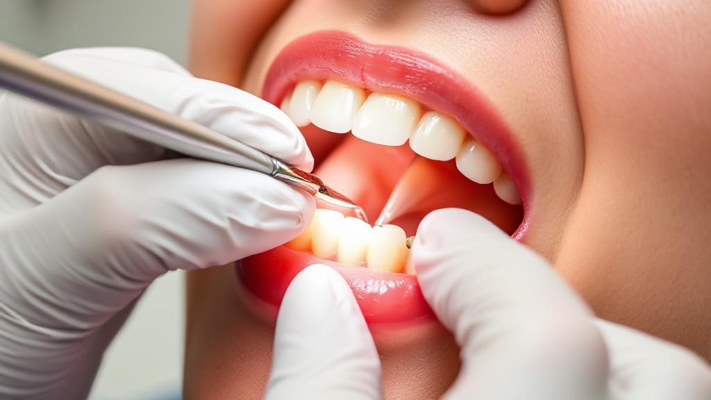 A close-up image of a dentist's gloved hands performing a root canal procedure on a patient's tooth.