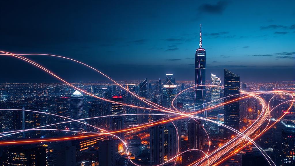 A sleek, futuristic cityscape illuminated by glowing fiber optic cables weaving through the skyline, symbolizing the speed and connectivity of fiber internet.