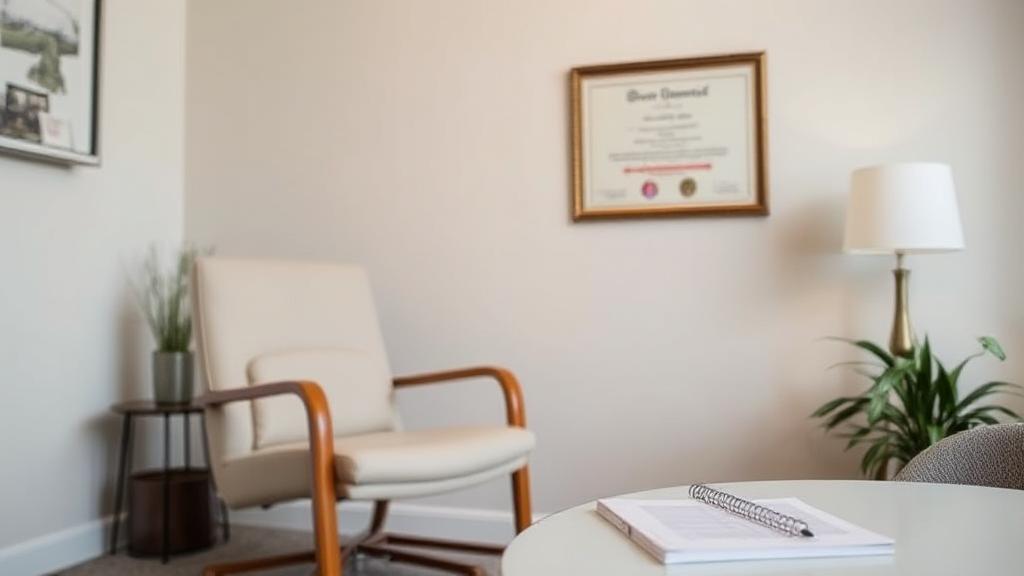 A serene office setting with a therapist's chair, a diploma on the wall, and a notepad on a table, symbolizing professionalism and expertise.