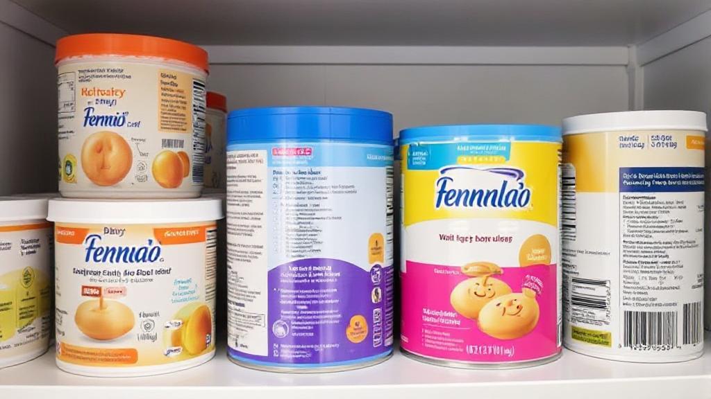 A neatly organized pantry shelf displaying various brands of baby formula, each with clear expiration dates and storage instructions visible.