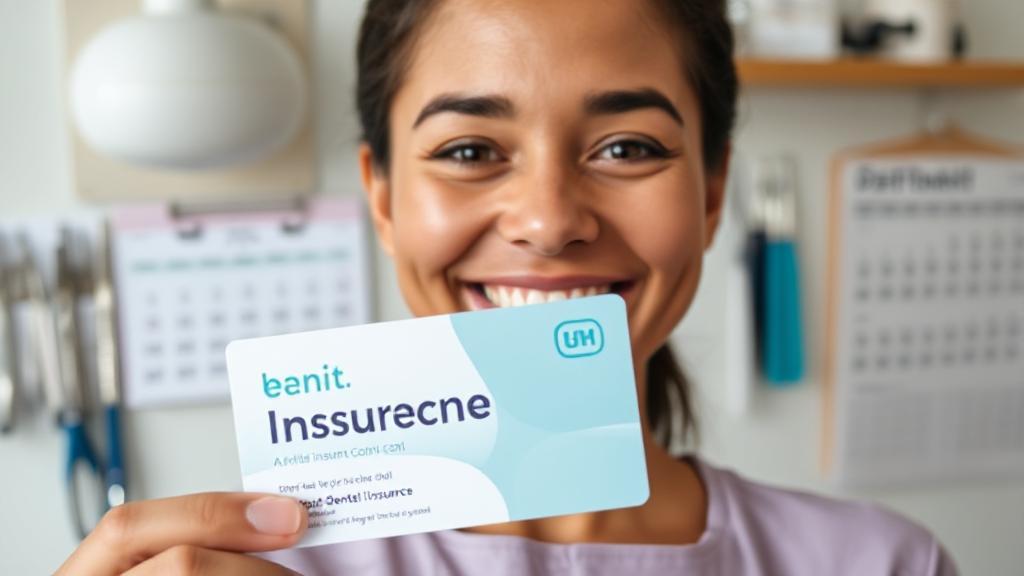 A smiling person holding a dental insurance card, with a background of dental tools and a calendar.