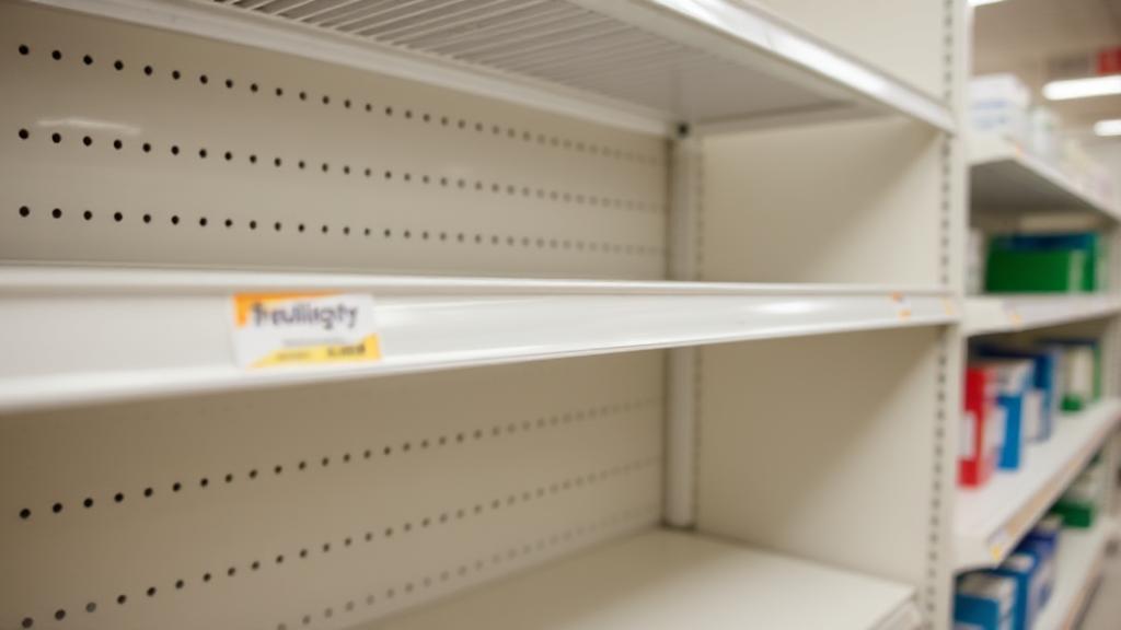 A close-up image of empty pharmacy shelves where Trulicity medication is usually stocked, highlighting the current shortage.