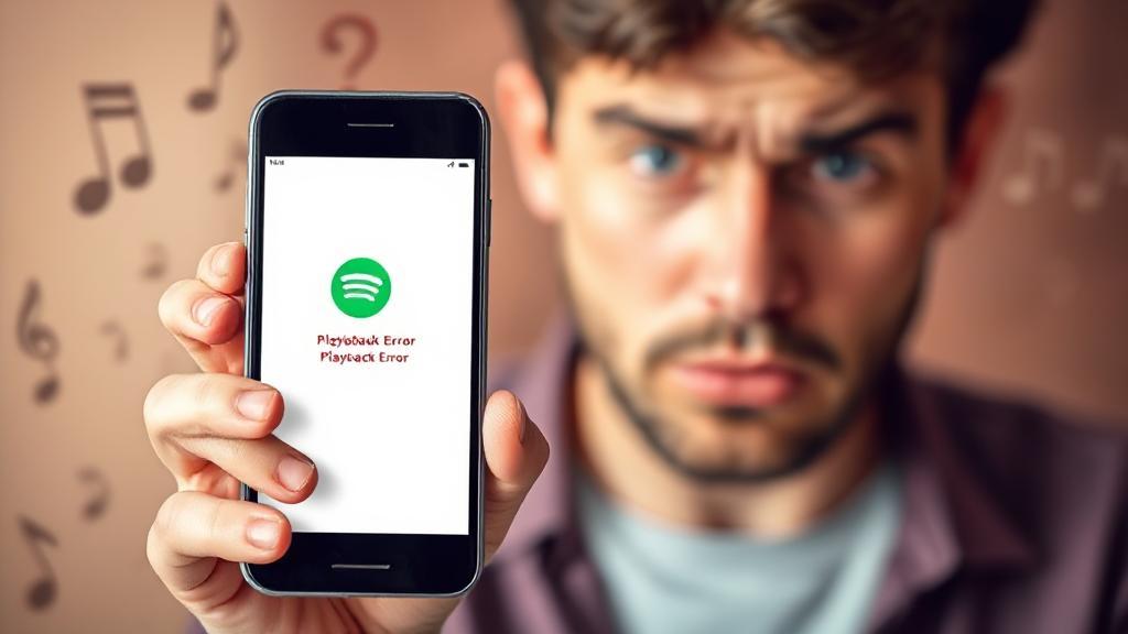 A frustrated user holding a smartphone displaying the Spotify app with a "Playback Error" message, set against a backdrop of musical notes and question marks.