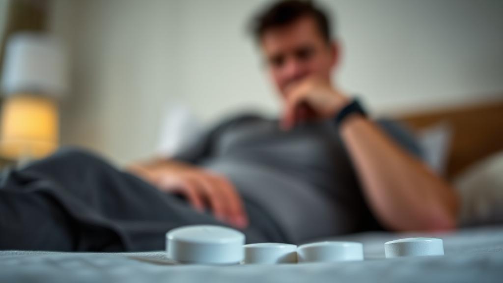 A close-up of Lisinopril tablets with a blurred background of a concerned man sitting on a bed.