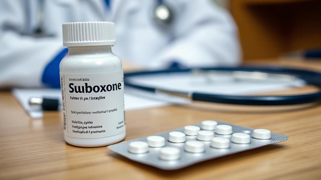A close-up image of a Suboxone pill bottle and blister pack on a doctor's desk, with a stethoscope and medical chart in the background.
