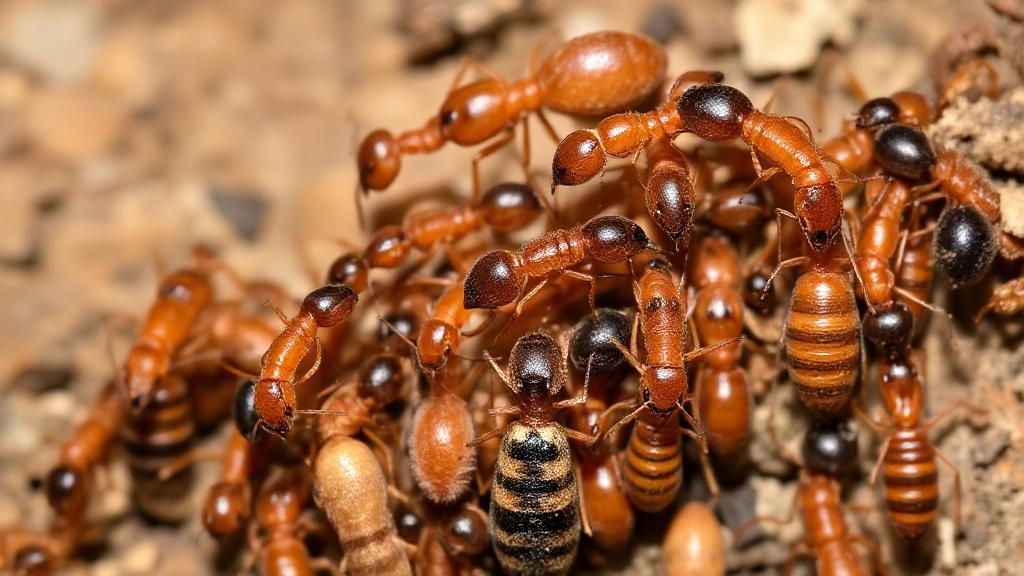 A close-up image of various termite species showcasing their diverse sizes and features against a natural background.