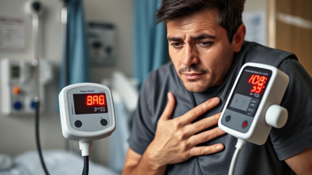 A concerned individual clutching their chest while a blood pressure monitor displays a dangerously high reading in a hospital setting.
